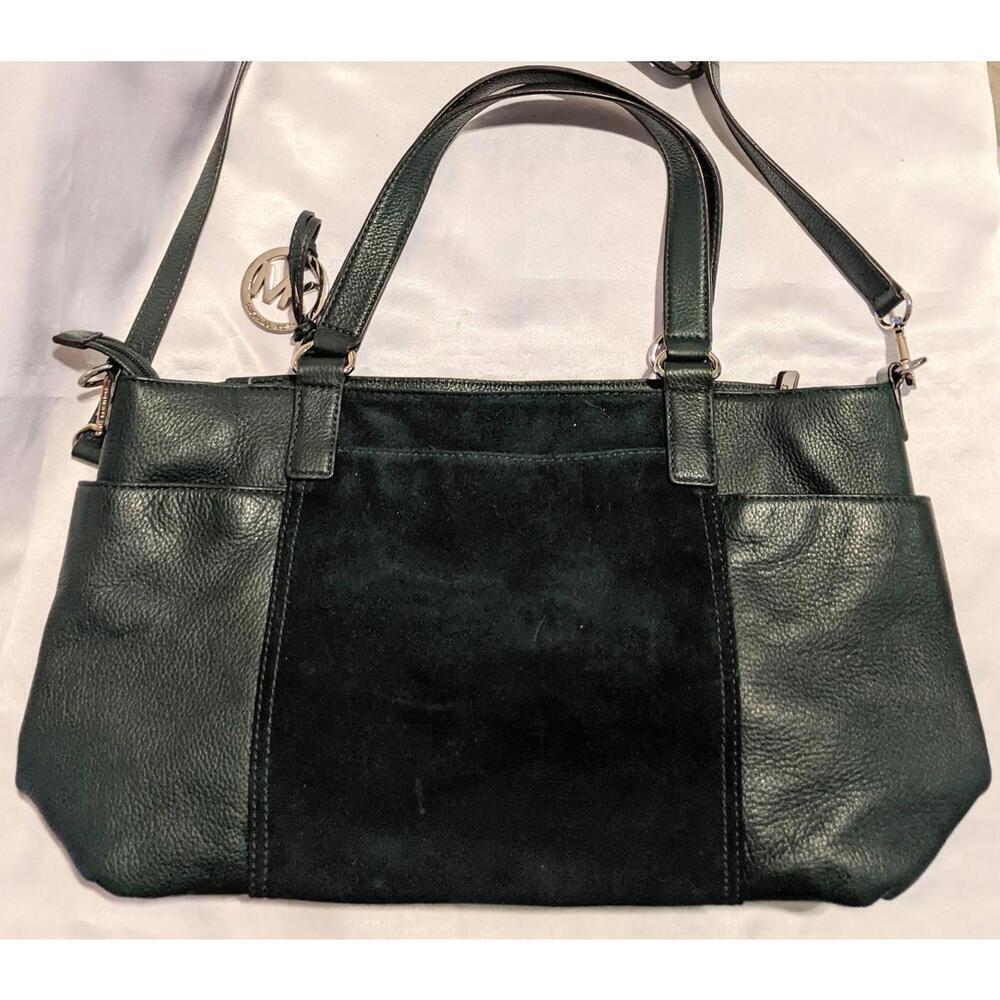 Michael Kors Dark Green Pebbled Leather and Suede Satchel Tote Zipper Detail EUC - Picture 5 of 13